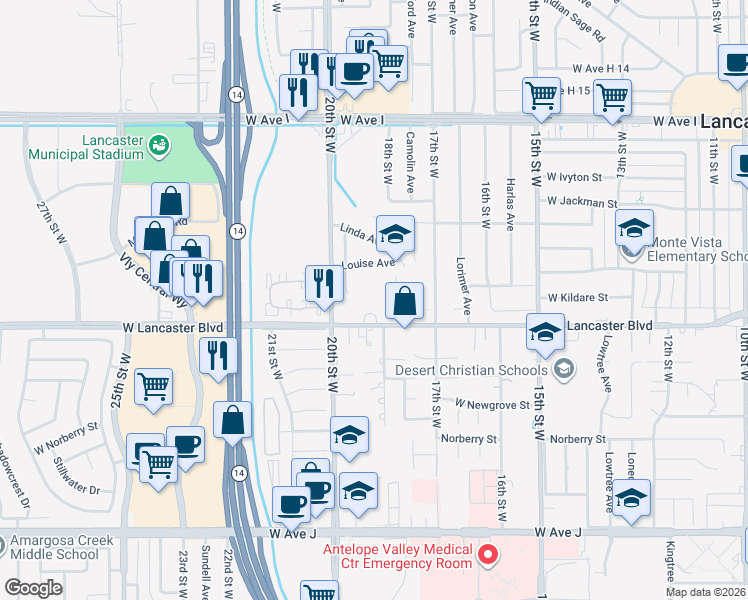 map of restaurants, bars, coffee shops, grocery stores, and more near 1821 West Lancaster Boulevard in Lancaster