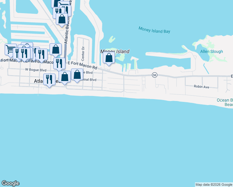 map of restaurants, bars, coffee shops, grocery stores, and more near 100-298 Caswell St in Atlantic Beach