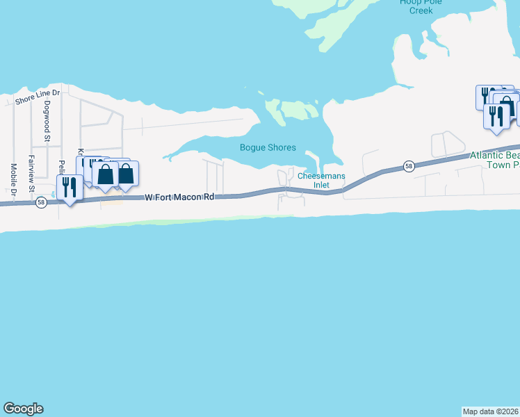 map of restaurants, bars, coffee shops, grocery stores, and more near 1917 West Fort Macon Road in Atlantic Beach