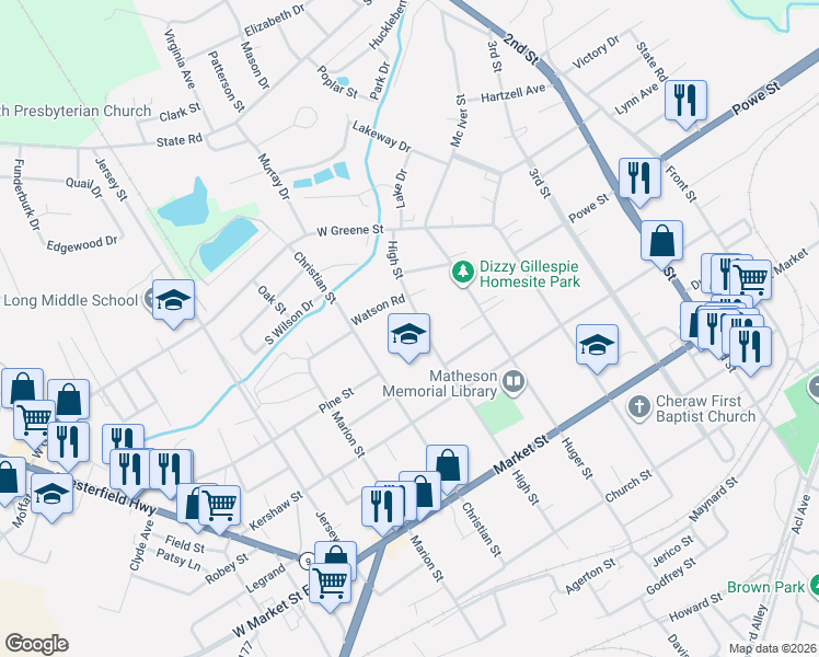 map of restaurants, bars, coffee shops, grocery stores, and more near 326 High Street in Cheraw