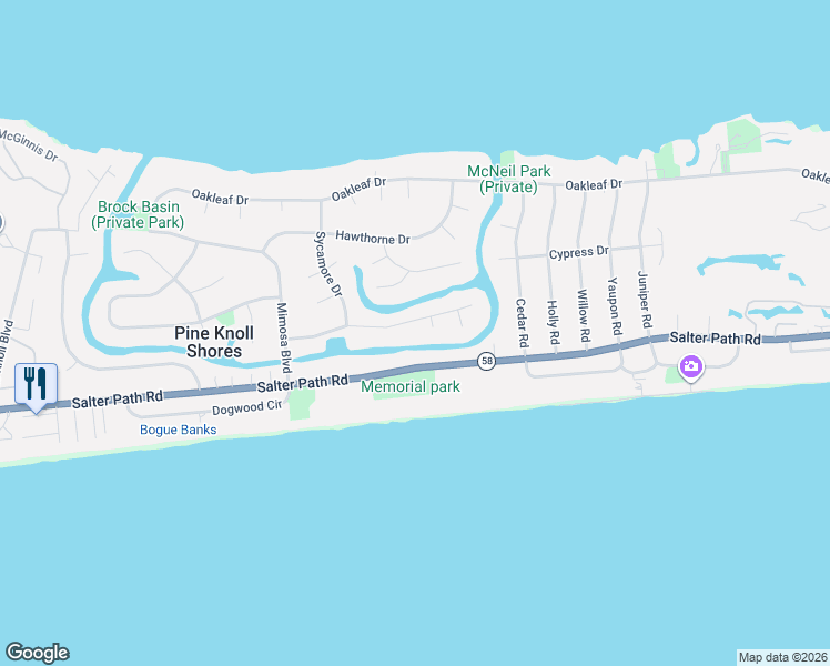 map of restaurants, bars, coffee shops, grocery stores, and more near 127 Beechwood Drive in Pine Knoll Shores