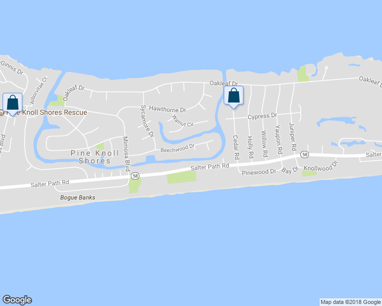 map of restaurants, bars, coffee shops, grocery stores, and more near 104 Cherry Court in Pine Knoll Shores