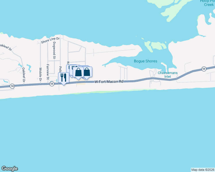 map of restaurants, bars, coffee shops, grocery stores, and more near 2305 West Fort Macon Road in Atlantic Beach