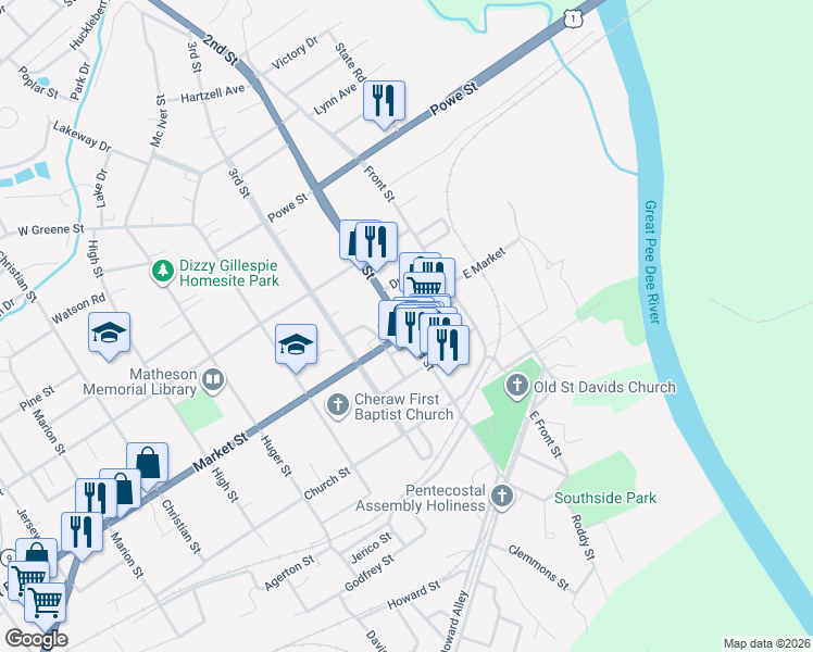 map of restaurants, bars, coffee shops, grocery stores, and more near in Cheraw