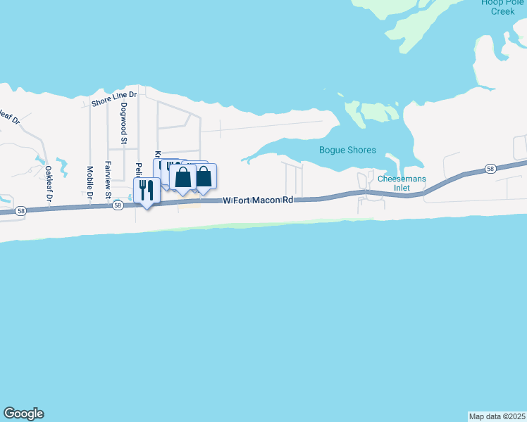 map of restaurants, bars, coffee shops, grocery stores, and more near 2305 West Fort Macon Road in Atlantic Beach