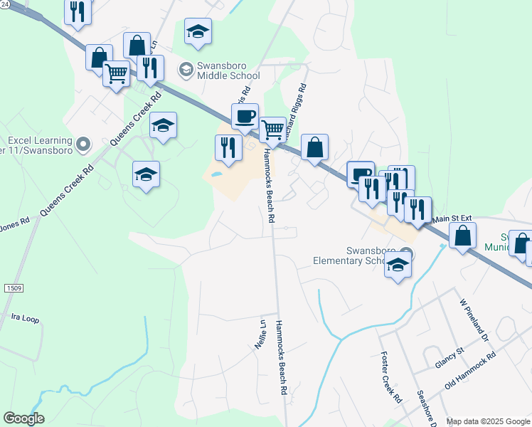 map of restaurants, bars, coffee shops, grocery stores, and more near in Swansboro