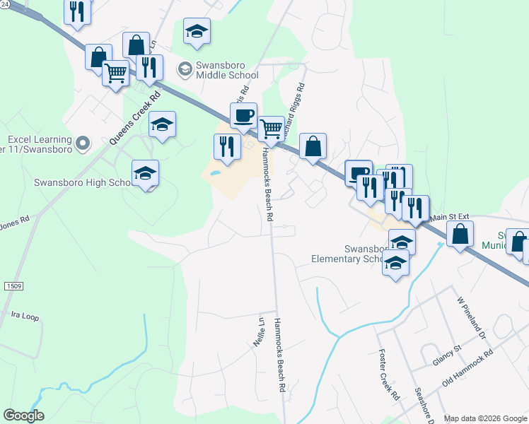 map of restaurants, bars, coffee shops, grocery stores, and more near 210 Spoonbill Court in Swansboro