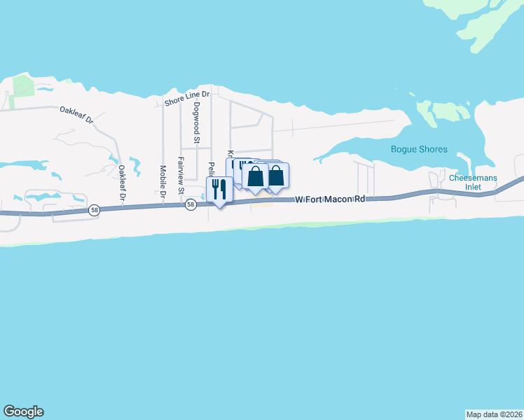 map of restaurants, bars, coffee shops, grocery stores, and more near 2500 West Fort Macon Road in Atlantic Beach