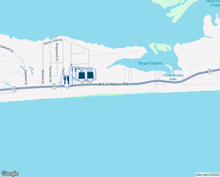 map of restaurants, bars, coffee shops, grocery stores, and more near 2305 West Fort Macon Road in Atlantic Beach