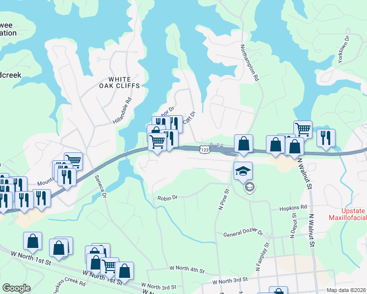map of restaurants, bars, coffee shops, grocery stores, and more near Highway 28 South in Seneca