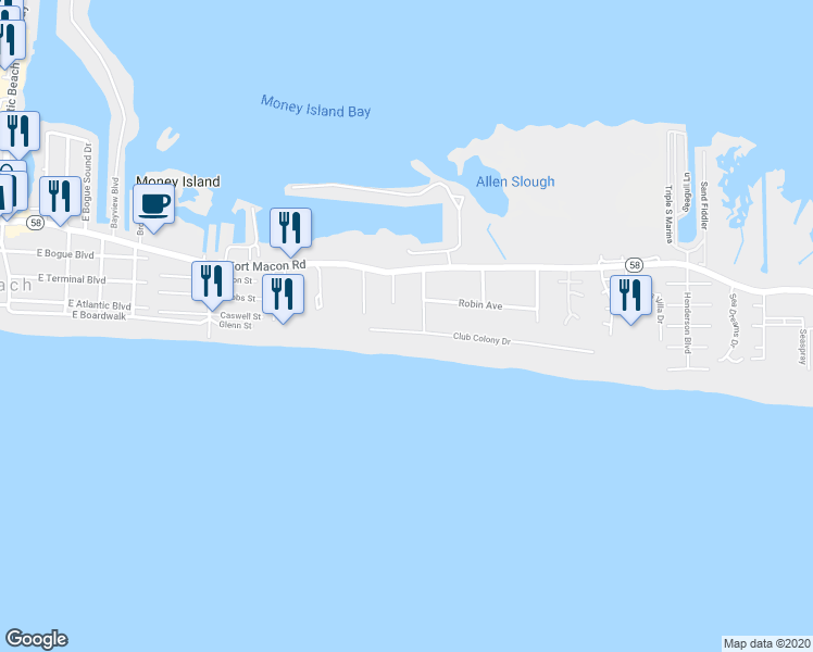 map of restaurants, bars, coffee shops, grocery stores, and more near 115 Club Colony Drive in Atlantic Beach