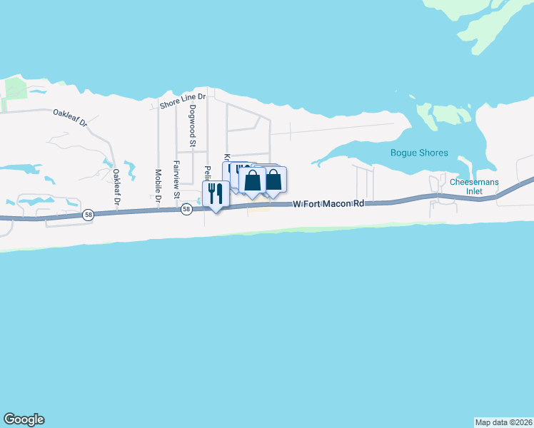 map of restaurants, bars, coffee shops, grocery stores, and more near 2500 West Fort Macon Road in Atlantic Beach