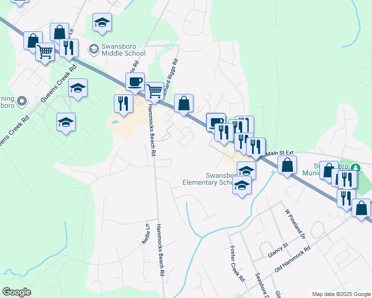 map of restaurants, bars, coffee shops, grocery stores, and more near 34 Schooner Drive in Swansboro