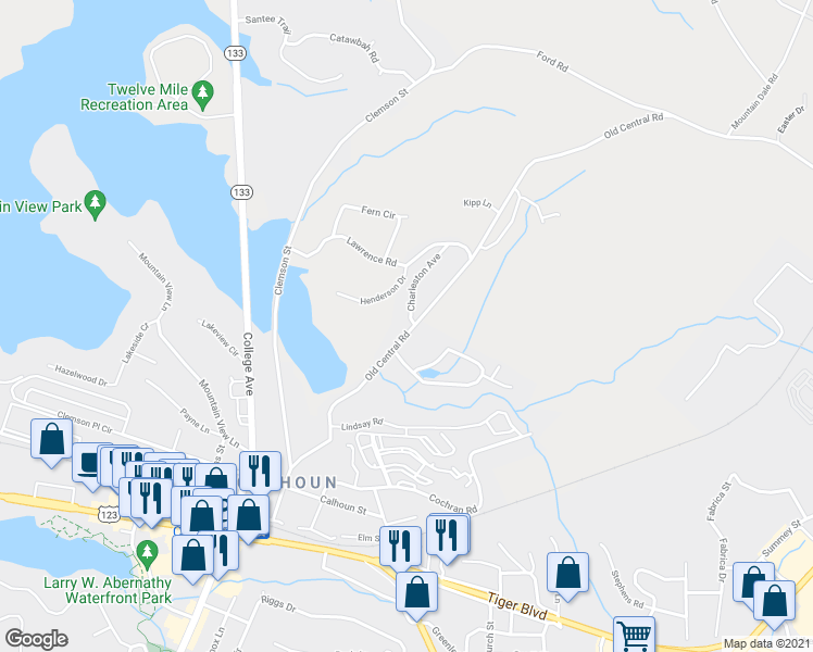 map of restaurants, bars, coffee shops, grocery stores, and more near 201 Charleston Avenue in Clemson