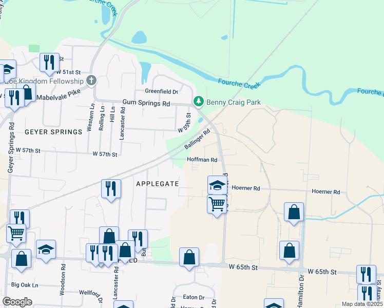 map of restaurants, bars, coffee shops, grocery stores, and more near 4620 Hoffman Road in Little Rock