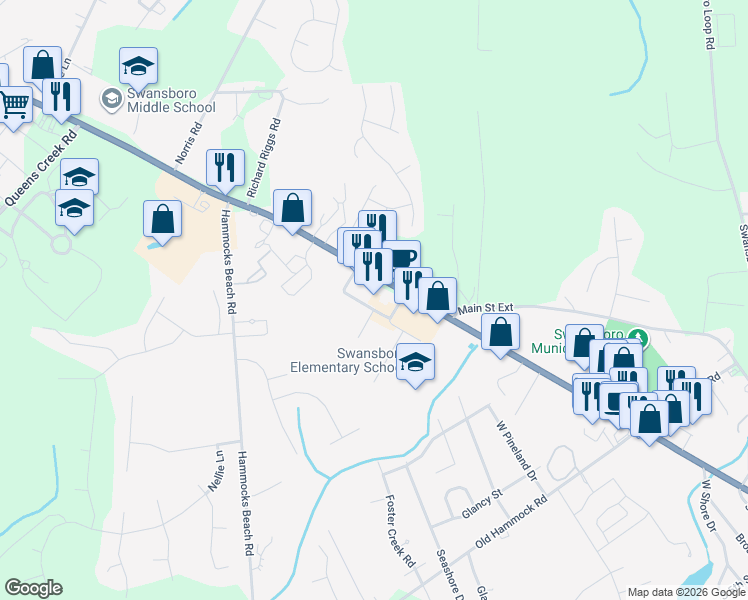 map of restaurants, bars, coffee shops, grocery stores, and more near 129 Phillips Loop Road in Swansboro
