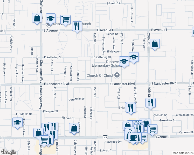 map of restaurants, bars, coffee shops, grocery stores, and more near 44827 Rock Island Drive in Lancaster