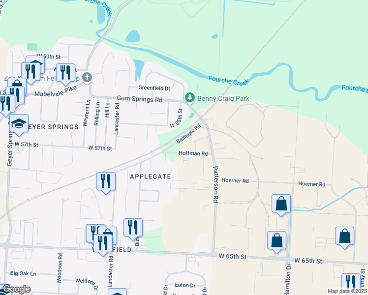 map of restaurants, bars, coffee shops, grocery stores, and more near 4620 Hoffman Road in Little Rock