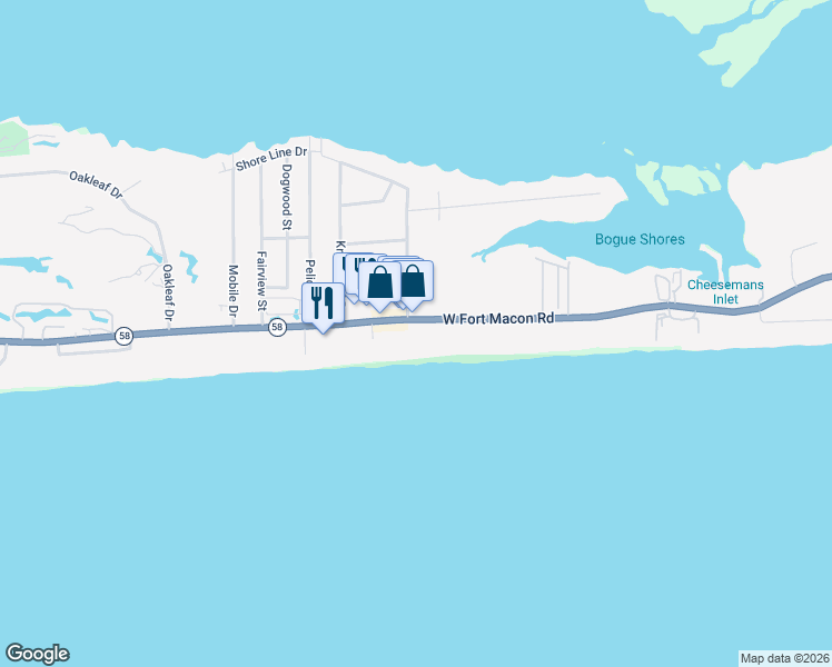 map of restaurants, bars, coffee shops, grocery stores, and more near 2500 West Fort Macon Road in Atlantic Beach