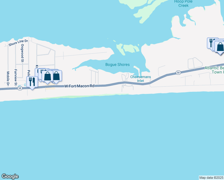 map of restaurants, bars, coffee shops, grocery stores, and more near 2111 West Fort Macon Road in Atlantic Beach