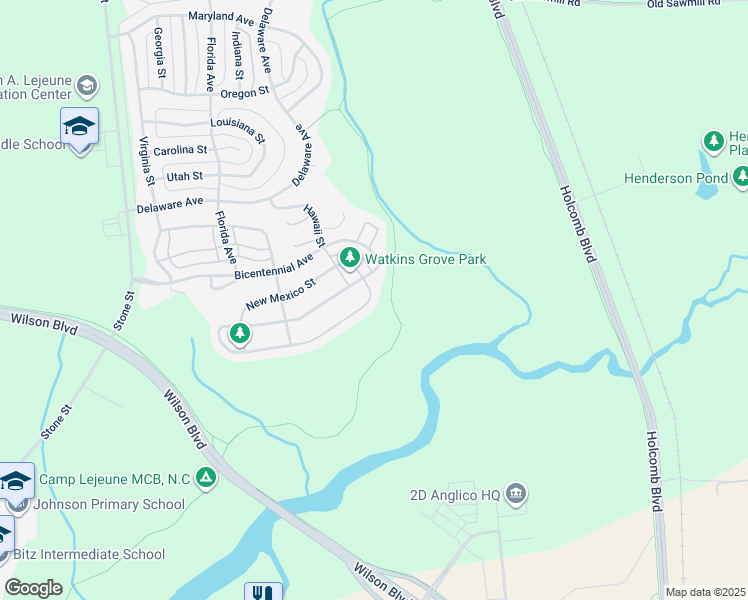 map of restaurants, bars, coffee shops, grocery stores, and more near 6866 Montana Street in Camp Lejeune