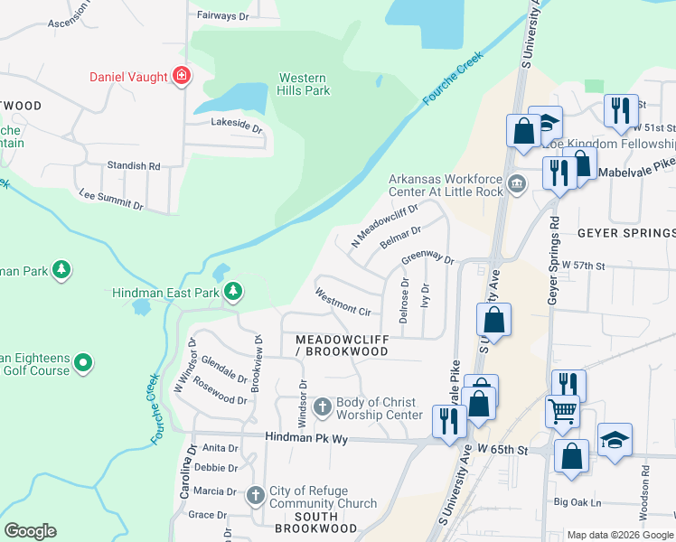 map of restaurants, bars, coffee shops, grocery stores, and more near 18 Westmont Circle in Little Rock