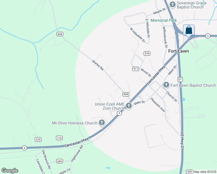 map of restaurants, bars, coffee shops, grocery stores, and more near 5621 Shirley Road in Fort Lawn