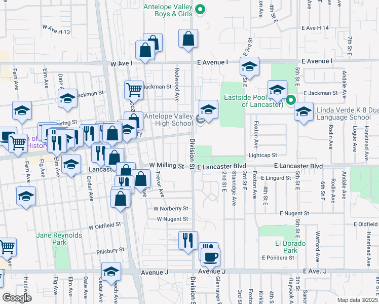 map of restaurants, bars, coffee shops, grocery stores, and more near 44835 Division Street in Lancaster
