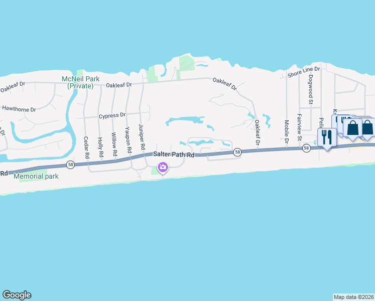 map of restaurants, bars, coffee shops, grocery stores, and more near 132 Salter Path Road in Pine Knoll Shores