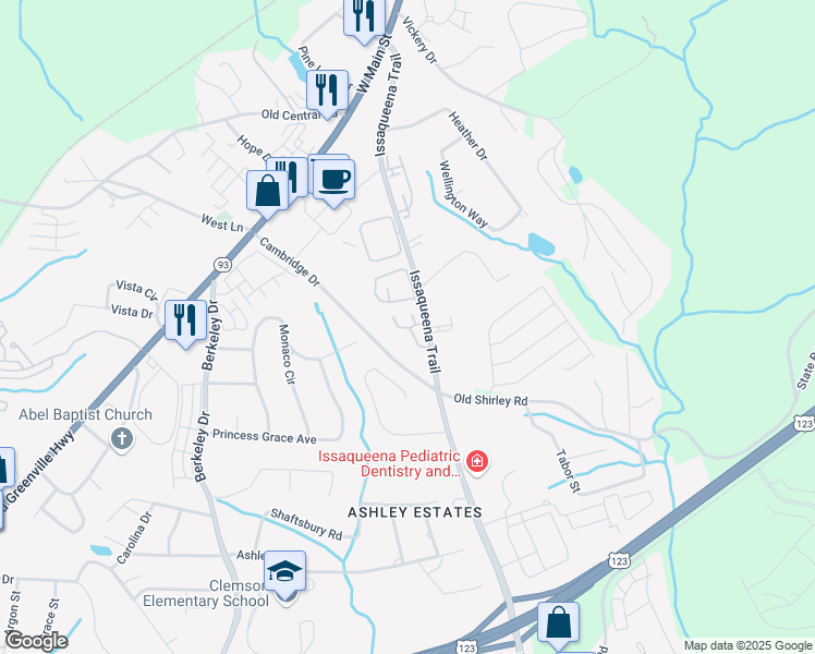 map of restaurants, bars, coffee shops, grocery stores, and more near 743 Issaqueena Trail in Central