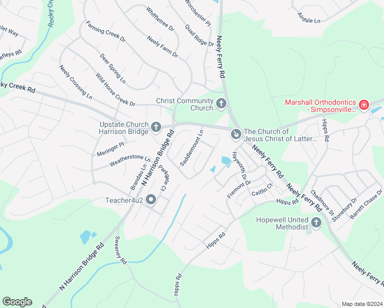 map of restaurants, bars, coffee shops, grocery stores, and more near 109 Saddlemount Lane in Simpsonville