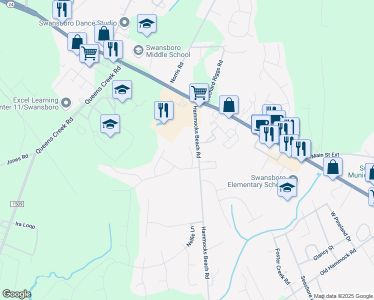 map of restaurants, bars, coffee shops, grocery stores, and more near 211 Spoonbill Court in Swansboro