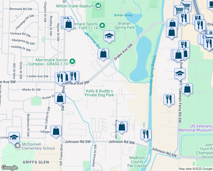 map of restaurants, bars, coffee shops, grocery stores, and more near 3817 Westwind Circle Southwest in Huntsville