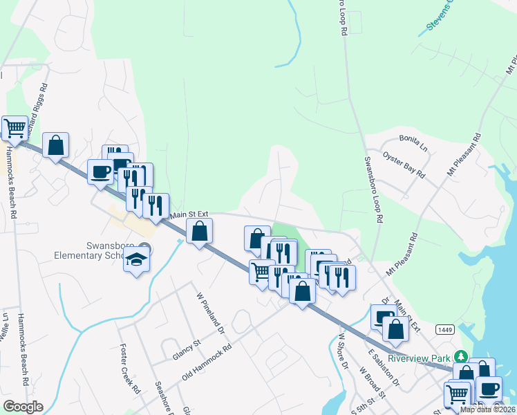 map of restaurants, bars, coffee shops, grocery stores, and more near 411 Mathew Andrew Court in Swansboro