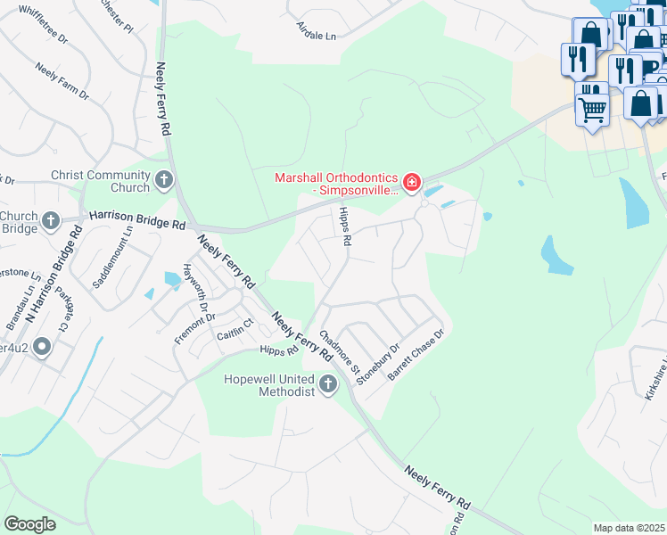 map of restaurants, bars, coffee shops, grocery stores, and more near 116 Hipps Road in Simpsonville