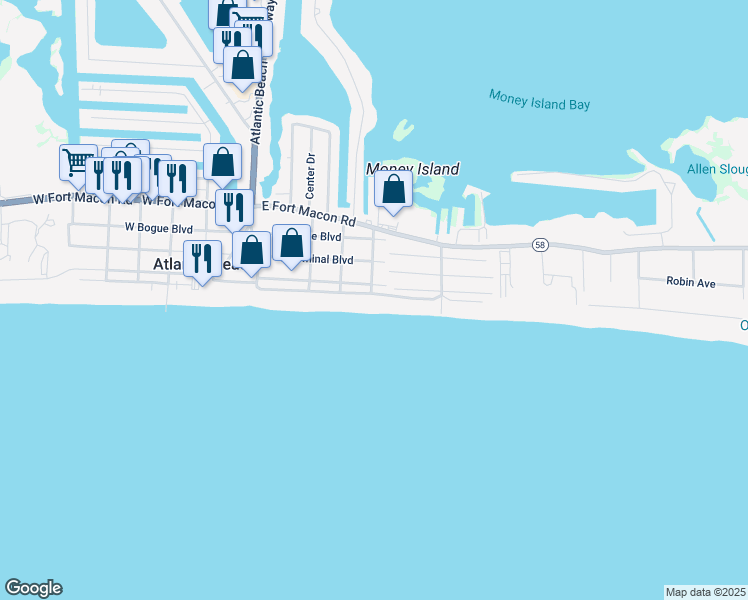 map of restaurants, bars, coffee shops, grocery stores, and more near 407 East Boardwalk in Atlantic Beach