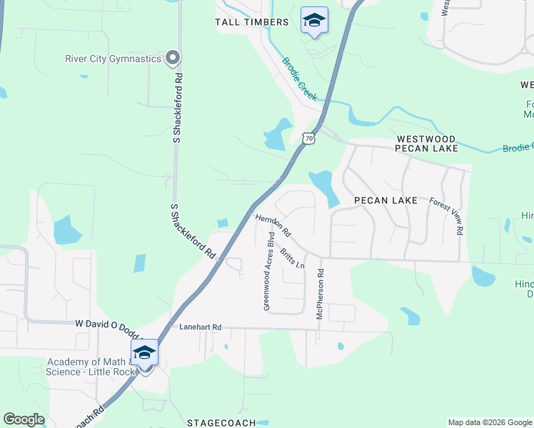 map of restaurants, bars, coffee shops, grocery stores, and more near 9820 Herndon Road in Little Rock