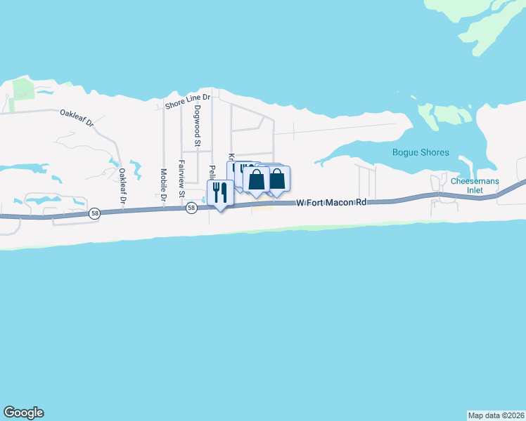map of restaurants, bars, coffee shops, grocery stores, and more near 2500 West Fort Macon Road in Atlantic Beach