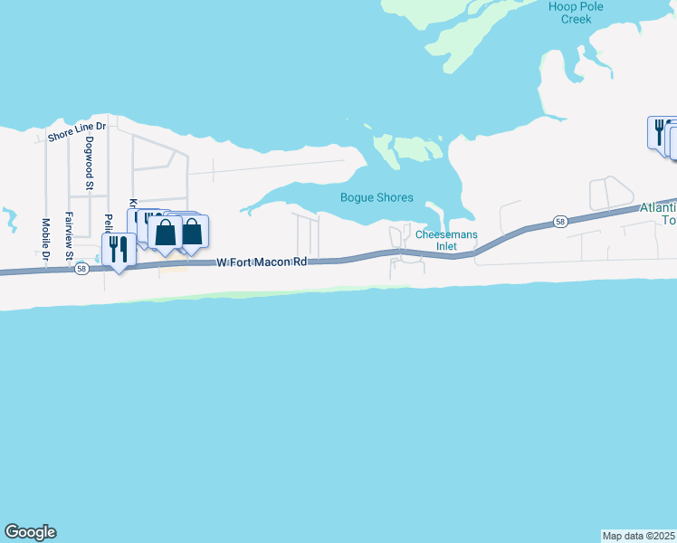 map of restaurants, bars, coffee shops, grocery stores, and more near 2111 West Fort Macon Road in Atlantic Beach