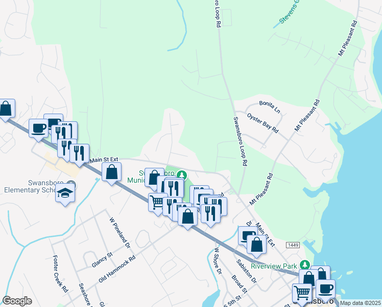 map of restaurants, bars, coffee shops, grocery stores, and more near 211 Ashley Nicole Court in Swansboro