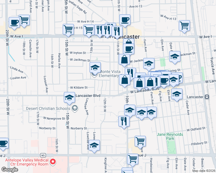 map of restaurants, bars, coffee shops, grocery stores, and more near 44839 Kingtree Avenue in Lancaster