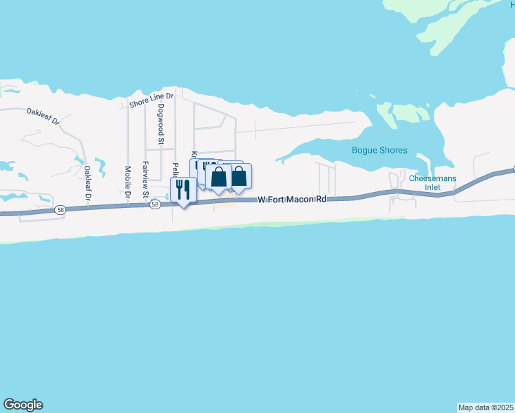 map of restaurants, bars, coffee shops, grocery stores, and more near 2401 West Fort Macon Road in Atlantic Beach