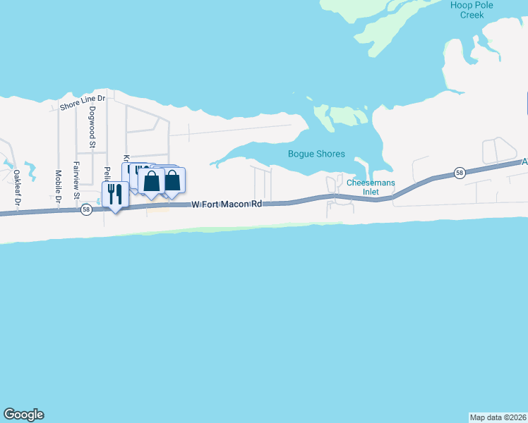 map of restaurants, bars, coffee shops, grocery stores, and more near 2200 West Fort Macon Road in Atlantic Beach