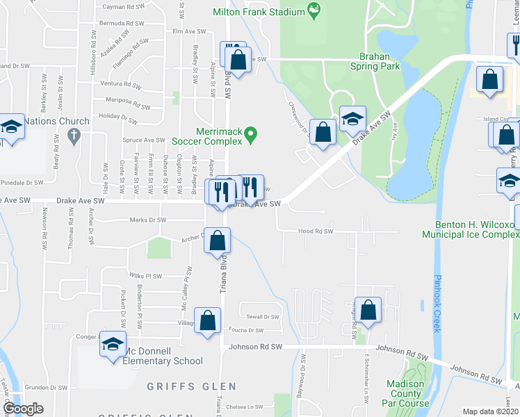 map of restaurants, bars, coffee shops, grocery stores, and more near 3105 Drake Avenue Southwest in Huntsville