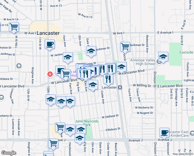 map of restaurants, bars, coffee shops, grocery stores, and more near 612 West Lancaster Boulevard in Lancaster