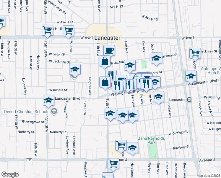map of restaurants, bars, coffee shops, grocery stores, and more near 44820 10th Street West in Lancaster