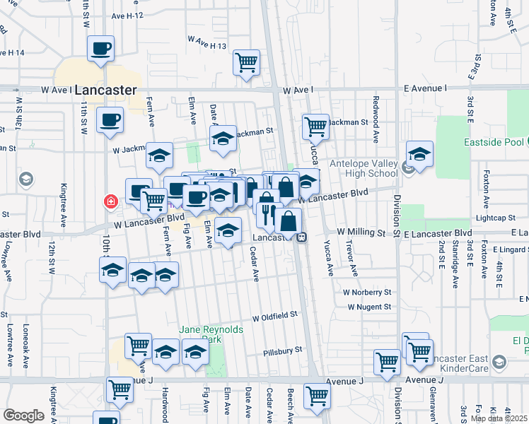 map of restaurants, bars, coffee shops, grocery stores, and more near 540 West Lancaster Boulevard in Lancaster
