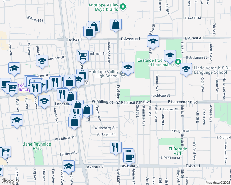 map of restaurants, bars, coffee shops, grocery stores, and more near 44839 Division Street in Lancaster