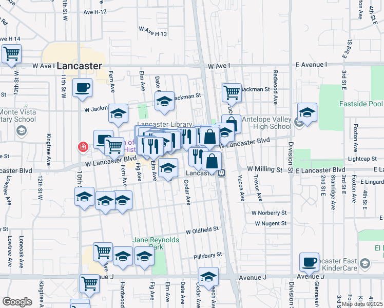 map of restaurants, bars, coffee shops, grocery stores, and more near 540 West Lancaster Boulevard in Lancaster