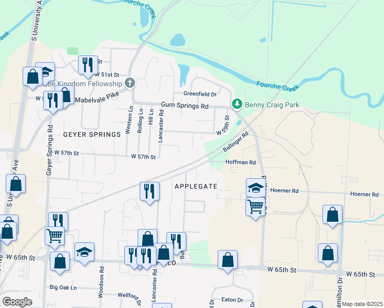 map of restaurants, bars, coffee shops, grocery stores, and more near 5530 Devonshire Court in Little Rock